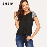 mohamed-imourig - SHEIN Sequin Sleeve Knot Hem Blouse Casual Solid Split Cap Sleeve Round Neck Blouse 2019 Summer Women Tops and Blouses - mohamed imourig - 