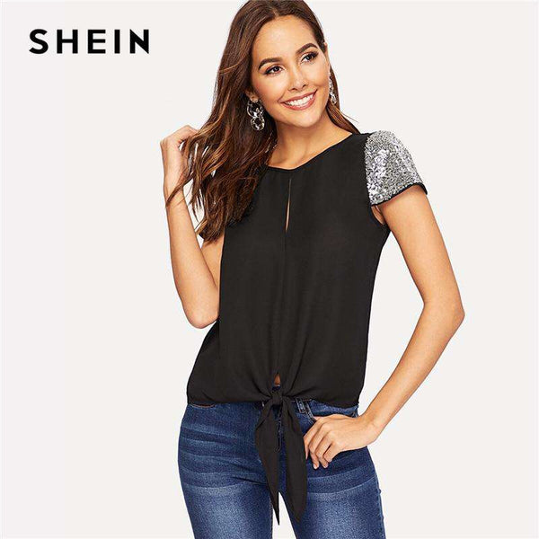 mohamed-imourig - SHEIN Sequin Sleeve Knot Hem Blouse Casual Solid Split Cap Sleeve Round Neck Blouse 2019 Summer Women Tops and Blouses - mohamed imourig - 
