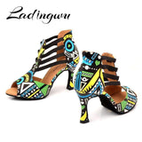 mohamed-imourig - Ladingwu Brand Latin Dance Shoes Ladies Dance Boots Elastic band adjustment Ballroom Dance Shoes Blue African texture Shoes - mohamed imourig - 